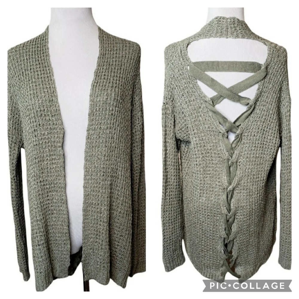 Knox Rose Womens green Lace‎ up back Open Front Cardigan Sweater Size XS